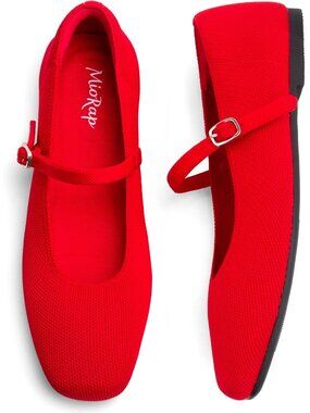 Women's Red Comfortable Knit Ballet Square Toe Adjustable Straps Shoes Flats